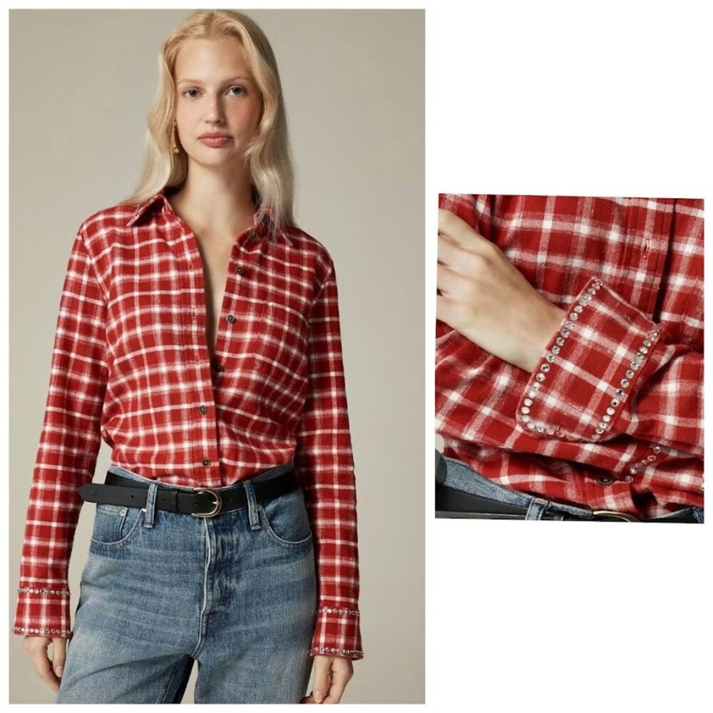 NWT J. Crew Embellished Shrunken Button Up Shirt Plaid Red White 8